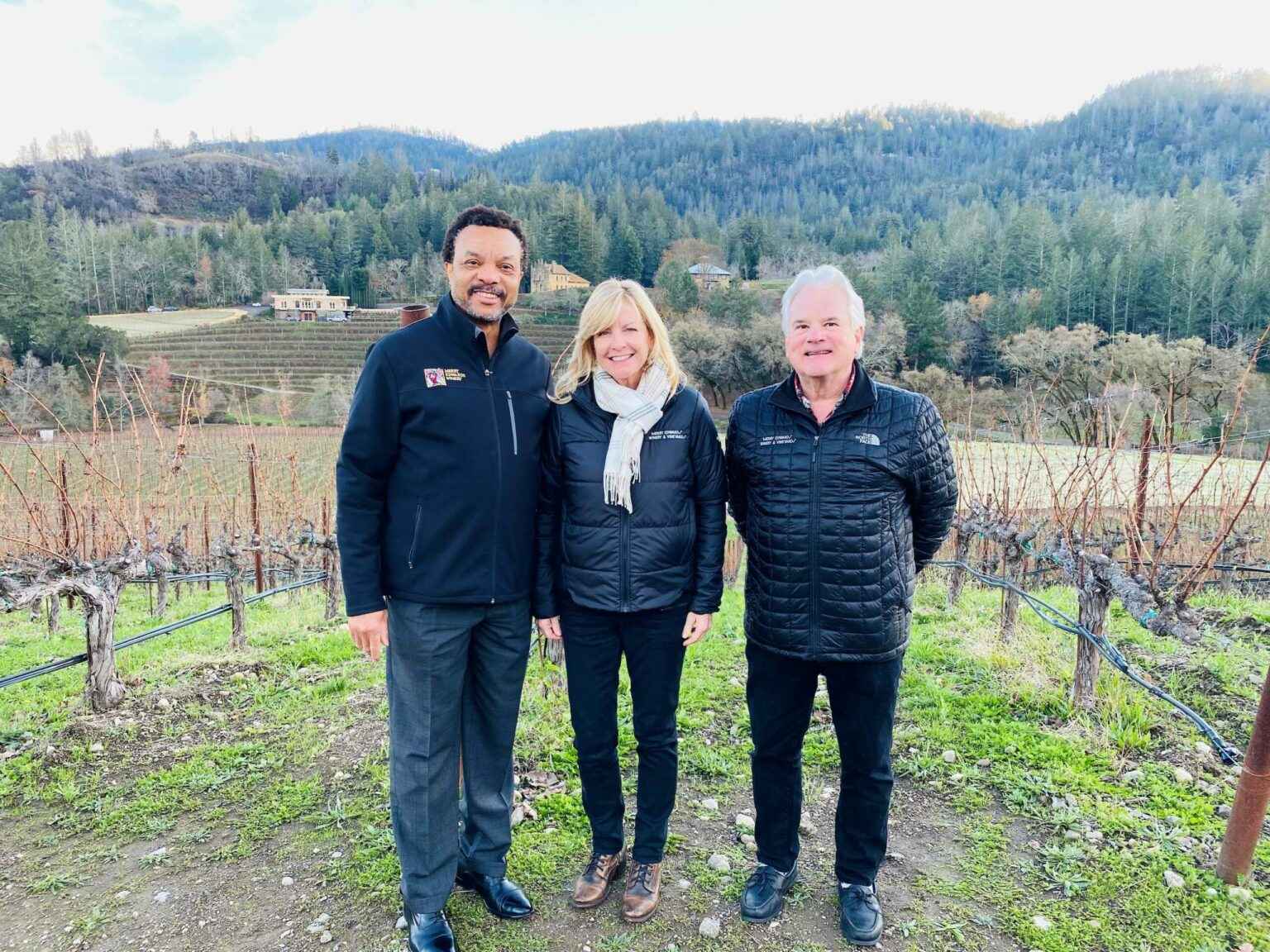 3 members of trade team standing in vineyard